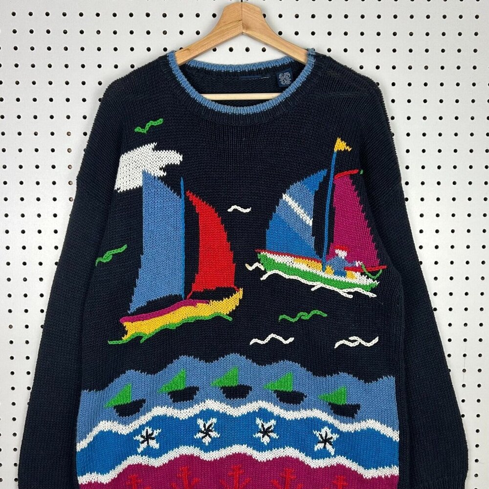 Vintage‎ Sailboat Nautical Sweater Women's Large 90s Chunky Knit Colorful Granny